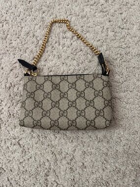 Gucci Beige GG Supreme Mini Shoulder Bag with Gold Chain and Black Trim